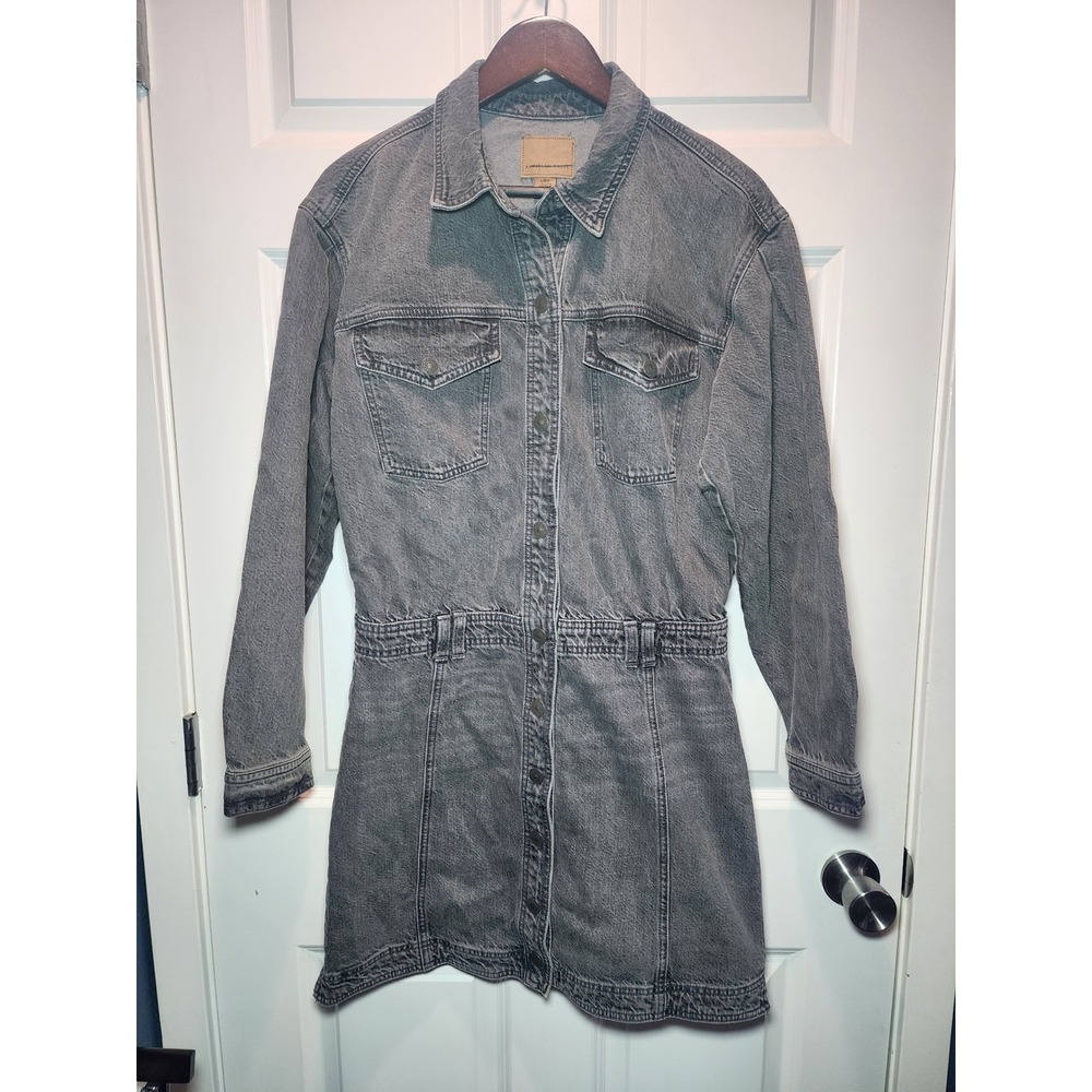 American Eagle Womens Gray Denim Mini Dress Long Sleeve Button Front Acid Wash L
